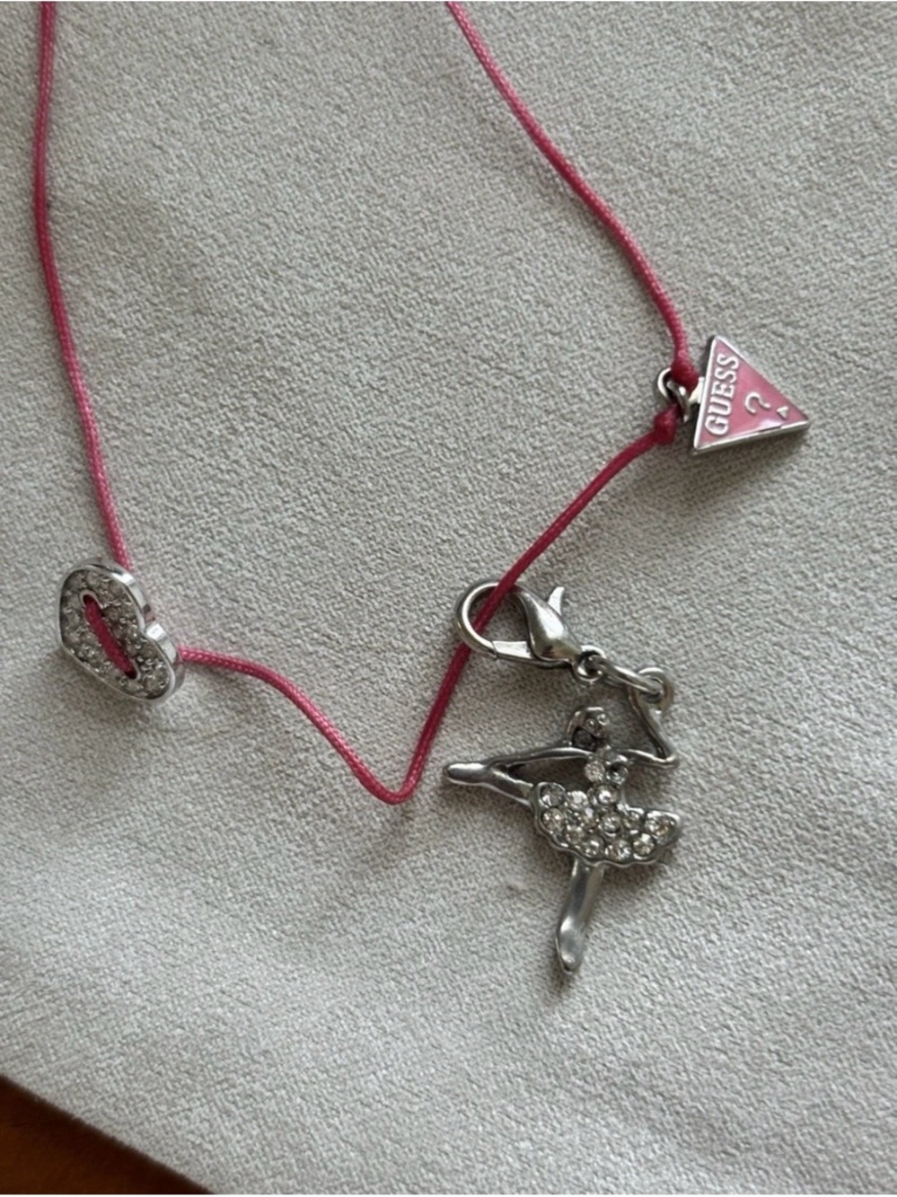 Guess Pink Cord Necklace with Crystal Ballerina and Logo Charm